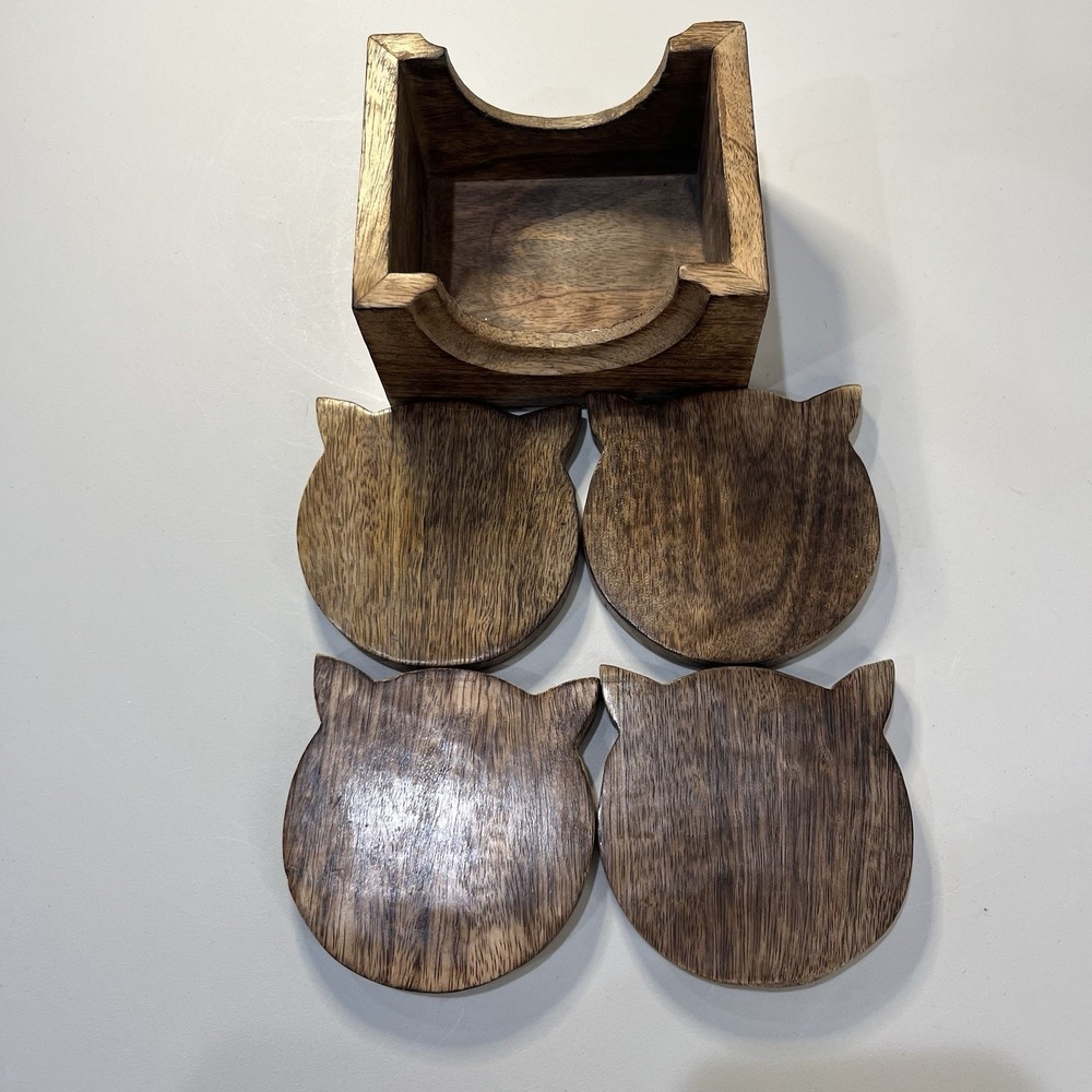 Vintage Owl Mid Century Modern Set Of 4 Hand Carved Wood Coasters Caddy India - Picture 3 of 6